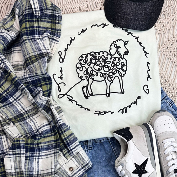 Lord Is My Shepherd PUFF Screen Print Heat Transfer, a black and white graphic design of a sheep with the text 'Lord is my shepherd' in a circular arrangement.