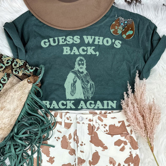 Guess Who's Back Screen Print Heat Transfer, T-shirt with a biblical illustration and text design.