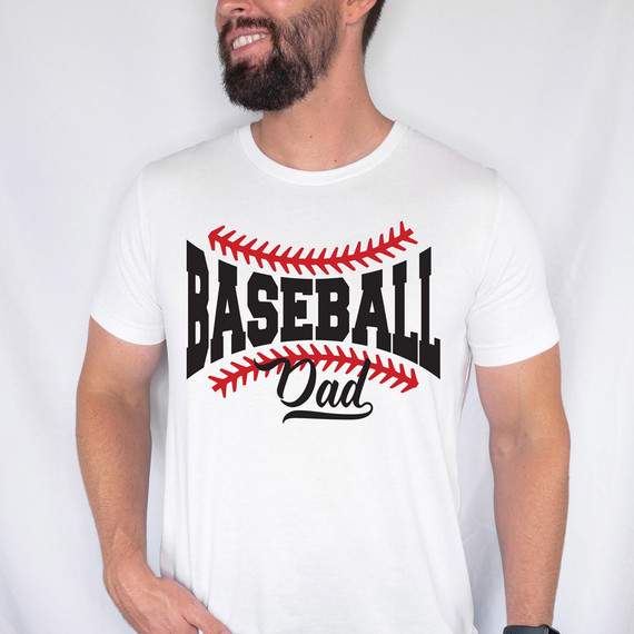 Baseball Dad DTF Heat Transfer, T-shirt showcasing a baseball-themed design for fathers who love baseball.
