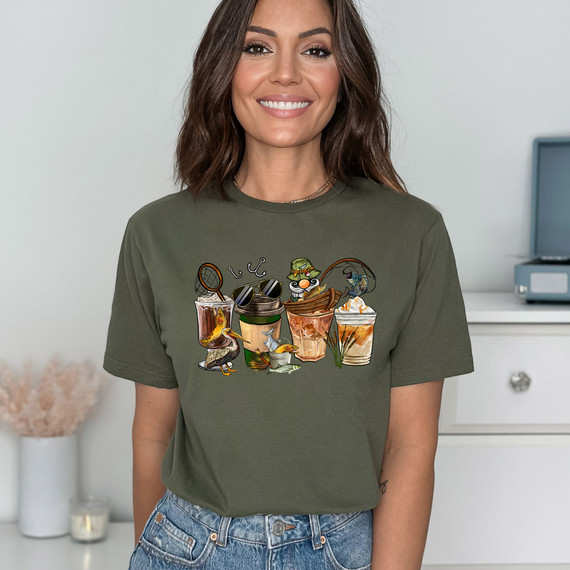 Fishing Drinks DTF Heat Transfer, illustrated assortment of fishing-themed drink cups with fishing gear and aquatic animals.