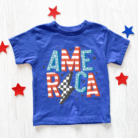 America Checkered Lightning Bolt DTF Heat Transfer, vibrant blue t-shirt with patriotic checkered lightning bolt and star pattern design for American themed apparel.
