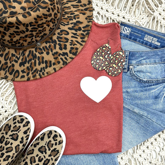 White Heart PUFF POCKET Screen Print Heat Transfer, leopard print earrings and accessories on casual clothing and hat.