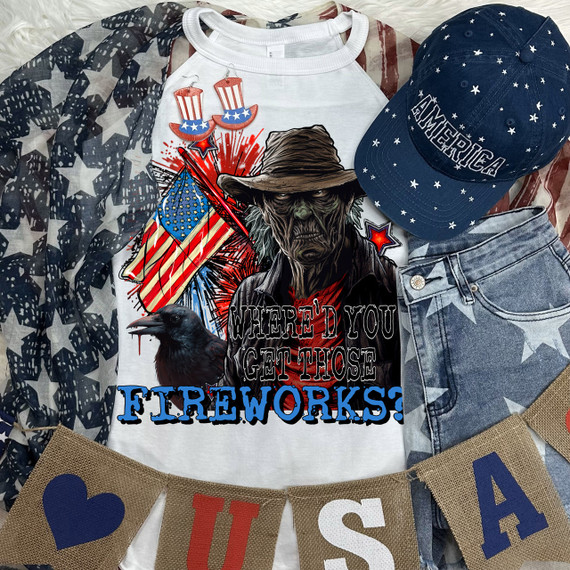 Where'd You Get Those DTF Heat Transfer, patriotic themed apparel including a printed t-shirt with a zombie cowboy and American flag design, a blue cap with stars and 'HOME America' text, denim jeans with star designs, and patriotic decorations.