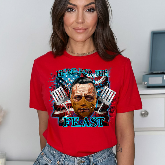 Here For The Feast DTF Heat Transfer, graphic design featuring a horror-themed character with American flag background and text.