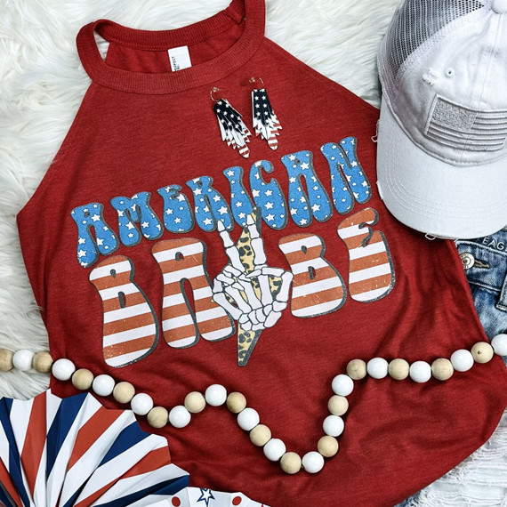 American Babe Peace DISTRESSED Screen Print Heat Transfer T-shirt with patriotic American flag theme, featuring distressed patriotic text and a skeletal hand making a peace sign.
