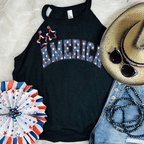 America DTF Heat Transfer, patriotic-themed black tank top with star design and decorative stars and beads.