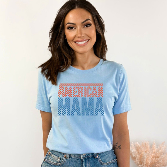 American Mama Checkered DTF Heat Transfer, close-up of woman wearing a light blue T-shirt with a checkered American Mama design in red and blue.