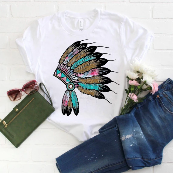 Watercolor and Leopard Print Headdress Sublimation Transfer, colorful feathered headdress design on a white t-shirt with pink, blue, black, and gold accents.