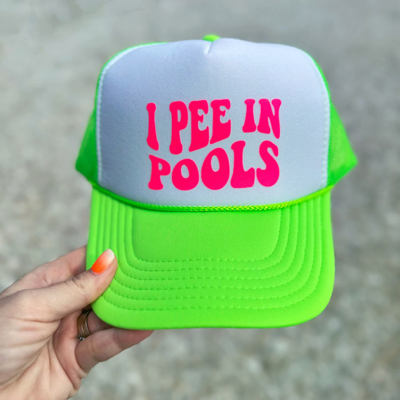 I Pee In Pools Hat/Pocket Neon Pink Screen Print Heat Transfer, neon green and white trucker hat with bright pink text design.