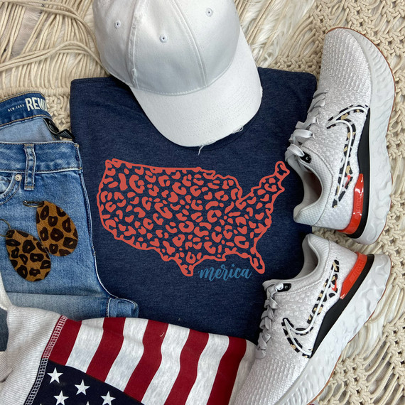 Merica Map DTF Heat Transfer, a red and blue outline of the United States with a leopard print pattern and the word 'merica' written in blue.