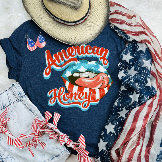 American Honey Lips DTF Heat Transfer, patriotic themed graphic with bold lips, tongue out, and stars and stripes design for custom apparel.