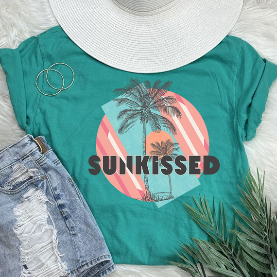Sunkissed Palm Trees DTF Heat Transfer, tropical palm trees and sun graphic on turquoise t-shirt.