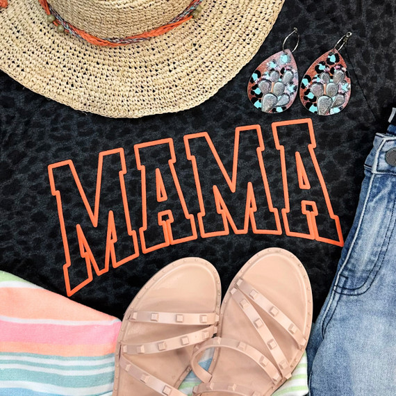 Orange Mama PUFF Screen Print Heat Transfer, orange puff fabric lettering for customized clothing design.