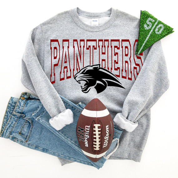 Panthers Maroon DTF Heat Transfer, maroon and black panther logo and maroon text on grey sweatshirt with football and jeans.