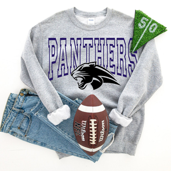 Panthers Navy DTF Heat Transfer, printed design of a Panther's head with team logo on a gray sweatshirt.