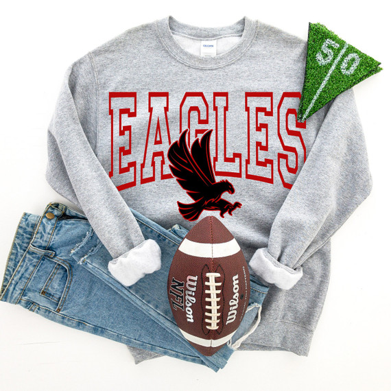 Eagles Red DTF Heat Transfer, sports-themed design with an eagle and football on a grey sweatshirt.