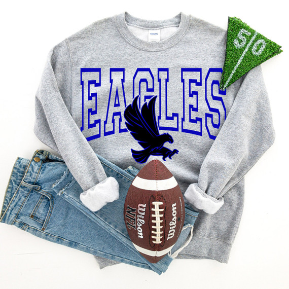 Eagles Blue DTF Heat Transfer, football and sports-themed apparel product with eagle graphic and text on a grey sweatshirt.
