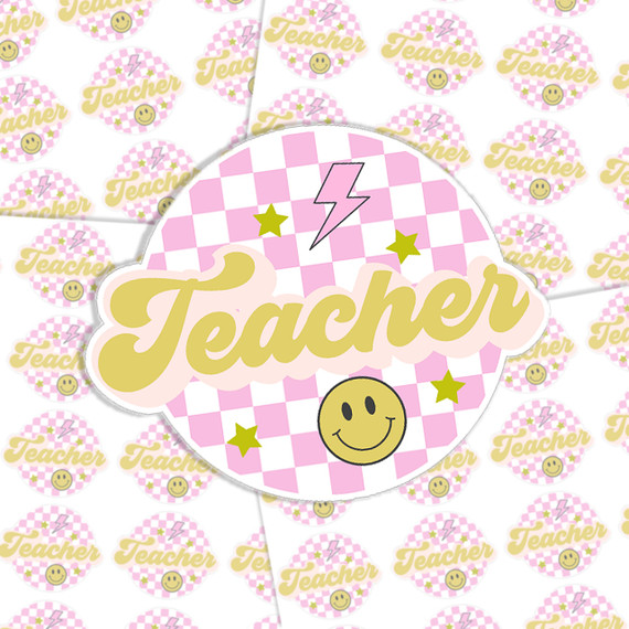 Checkered Teacher Sticker Sheet, colorful sticker with a pink checkered background, yellow 'Teacher' text, smiley face, stars, and lightning bolt designs.