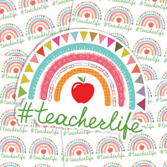 TeacherLife Sticker Sheet, colorful sticker sheet featuring hashtag #teacherlife and rainbow with apple design.