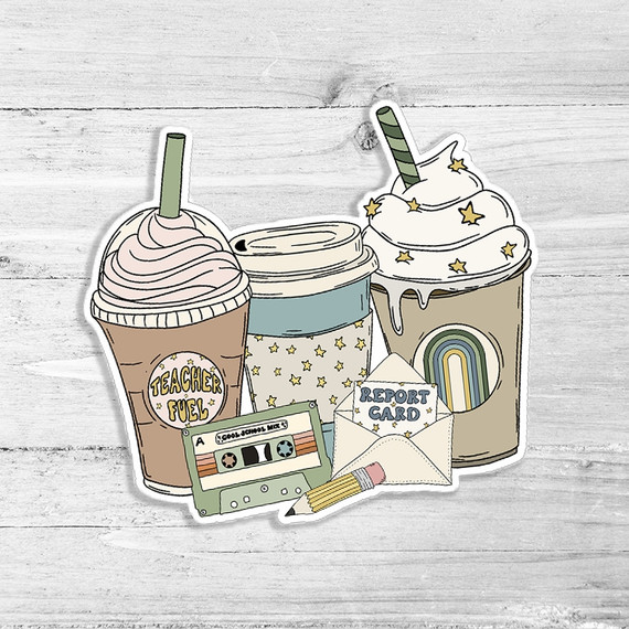 Teacher Fuel Die Cut Sticker, colorful stickers of coffee drinks, report card, cassette tape, and a pen on a white wooden background.
