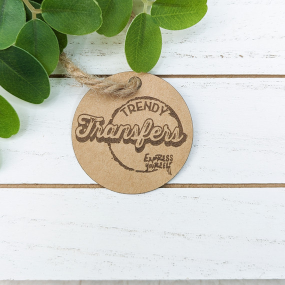 Custom Circle Cardstock Hang Tags, round kraft paper tag with trendy transfer design and twine loop for gift or product labeling.