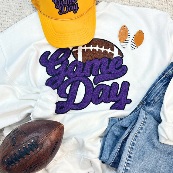 Purple Game Day Football Chenille Patch, vibrant purple chenille patch with a football design and 'Game Day' text for sports fan accessories.