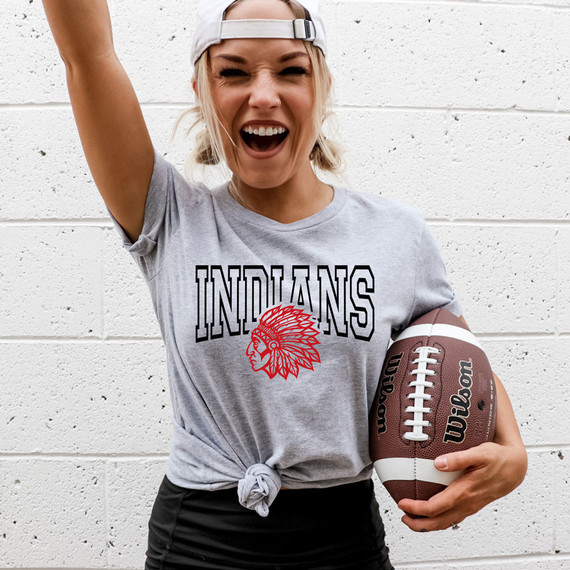 Indians *CUSTOM COLOR OPTIONS* DTF Heat Transfer, a woman wearing a gray T-shirt with a custom color Indian logo and red graphic of a Native American chief in headdress.