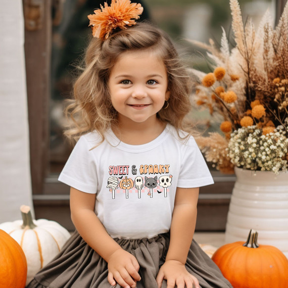 Sweet & Spooky Pops DTF Heat Transfer, a Halloween-themed design featuring cute spooky candy, pumpkin, ghost, skull, and bat icons on a girl's white t-shirt.