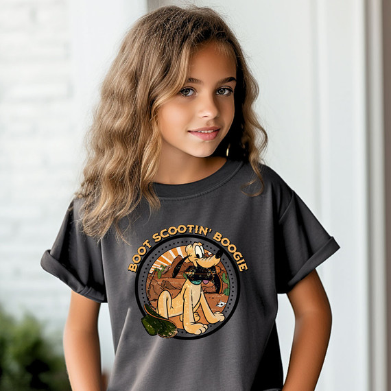 Boot Scootin' Boogie DTF Heat Transfer, illustrated graphic of Pluto wearing sunglasses with a western theme on a black t-shirt.