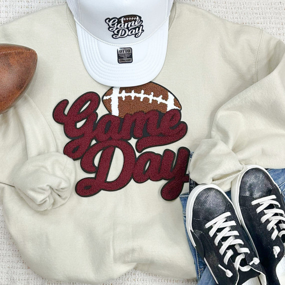 Maroon Game Day Football Chenille Patch, embroidered football and 'Game Day' text applique for sports apparel or accessories.