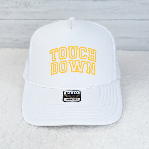 Touch Down Yellow PUFF Hat/Pocket Screen Print Heat Transfer, white trucker cap with yellow embroidered text 'TOUCH DOWN' on front panel.