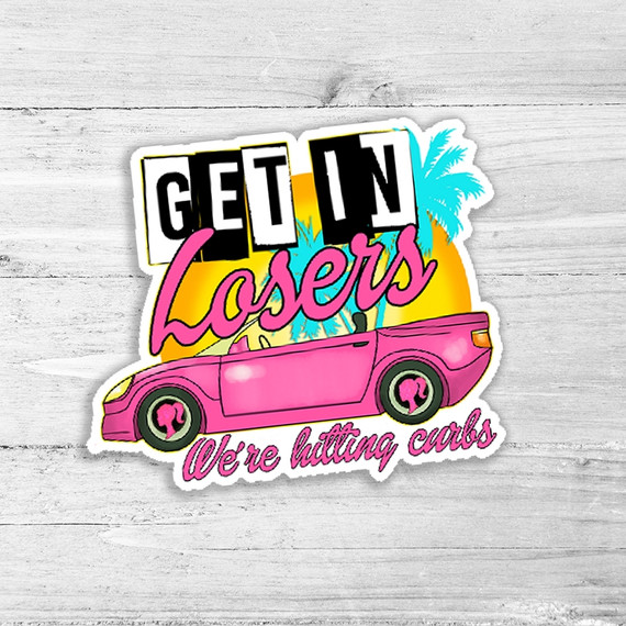 Get In Losers We're Hitting Curbs Die Cut Sticker, colorful sticker with pink car, tropical palm trees, and bold text design.