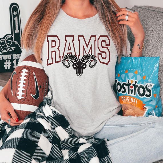 Rams Mascot *CUSTOM COLOR OPTIONS* DTF Heat Transfer, apparel featuring a Rams mascot logo with customizable colors.