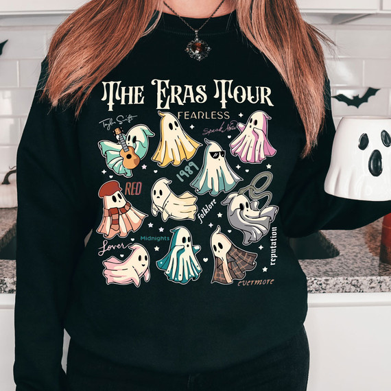 TS Tour Ghosts DTF Heat Transfer, Halloween ghost design on black sweatshirt with colorful cartoon ghost characters and Halloween-themed text.