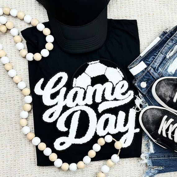 Soccer White Game Day Chenille Patch, white and black football patch with the words 'Game Day' in bold cursive script.