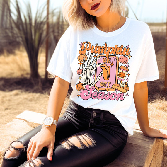 Pumpkin Season Retro Sublimation Transfer, colorful autumn-themed designer t-shirt with pumpkins, harvest motifs, and fall colors.