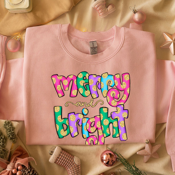 Merry And Bright Faux Glitter Look DTF Heat Transfer
