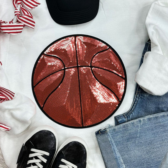 Sequins Basketball Patch Chenille Patch, a round patch featuring a glittering red and black basketball design with sequins details.