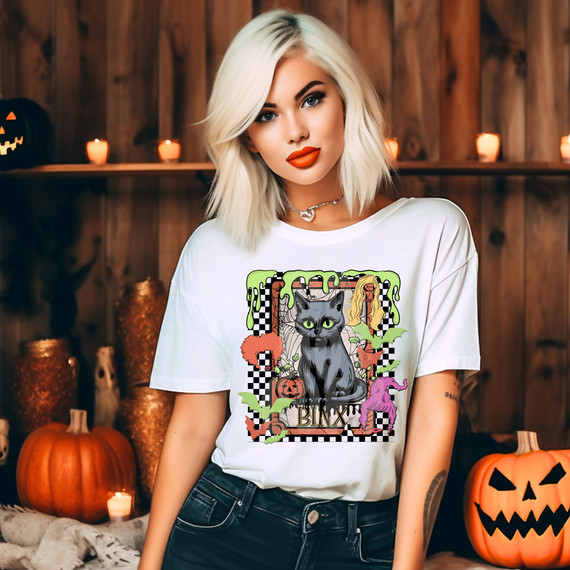 Black Cat Three Witches DTF Heat Transfer, Halloween-themed T-shirt featuring a black cat, pumpkins, witches, and spooky graphics.