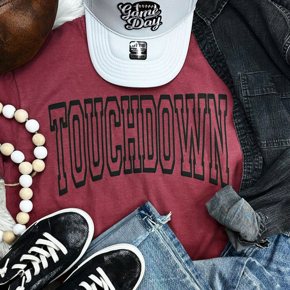 Touchdown Black PUFF Screen Print Heat Transfer, a black athletic font design on a red T-shirt.