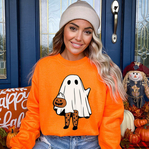 Ghost With Pumpkin Bucket DTF Heat Transfer, Halloween-themed illustration of a cute ghost dressed as a witch holding a pumpkin bucket