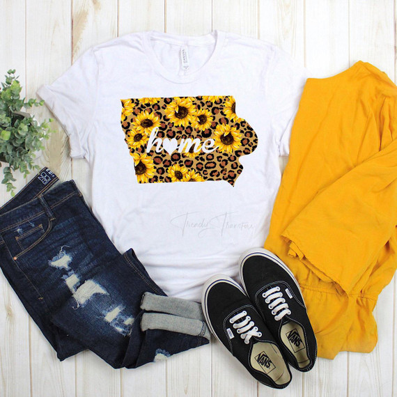 Iowa Leopard Sunflower home Sublimation Transfer, white T-shirt with sunflower and leopard print outline design.