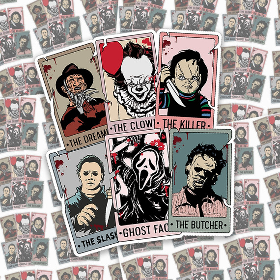 Horror Tarot Cards Sticker Sheet, featuring illustrated horror-themed tarot cards with characters like The Clown, The Killer, The Slash, Ghost Face, and The Butcher.