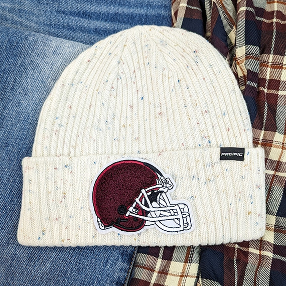 MAROON Football Helmet Hat/Pocket Chenille Patch, cream-colored ribbed knit beanie with a maroon football helmet patch embroidered on the front, and a small black Pacific label on the side.