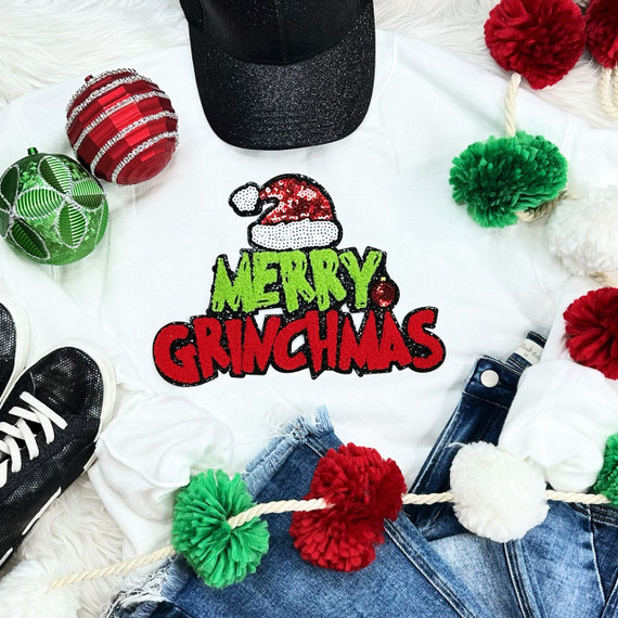 Merry Gmas Chenille Patch, festive holiday embroidered patch with Santa hat and Christmas colors.
