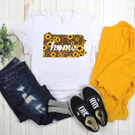 Pennsylvania Leopard Sunflower home Sublimation Transfer, white T-shirt with sunflower and leopard print design and the word 'home' on it.