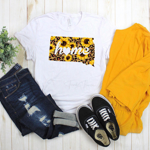 South Dakota Leopard home Sunflower Sublimation Transfer, white t-shirt with sunflower and leopard print design.