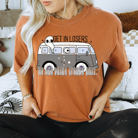 We Are Doing Spooky Shit DTF Heat Transfer, graphic T-shirt design with a cartoon ghost and van, fun Halloween-themed apparel.