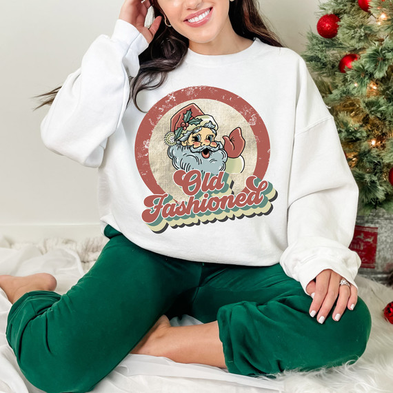 Old Fashioned DTF Heat Transfer, Christmas-themed sweatshirt with a vintage Santa illustration and the text 'Old Fashioned'.