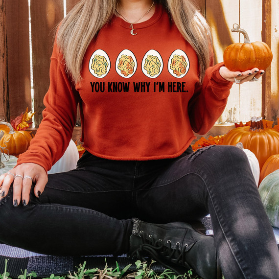 You Know Why I'm Here DTF Heat Transfer, close-up of a woman wearing a red sweatshirt with a graphic and text, holding a small pumpkin, surrounded by pumpkins and autumn decorations.